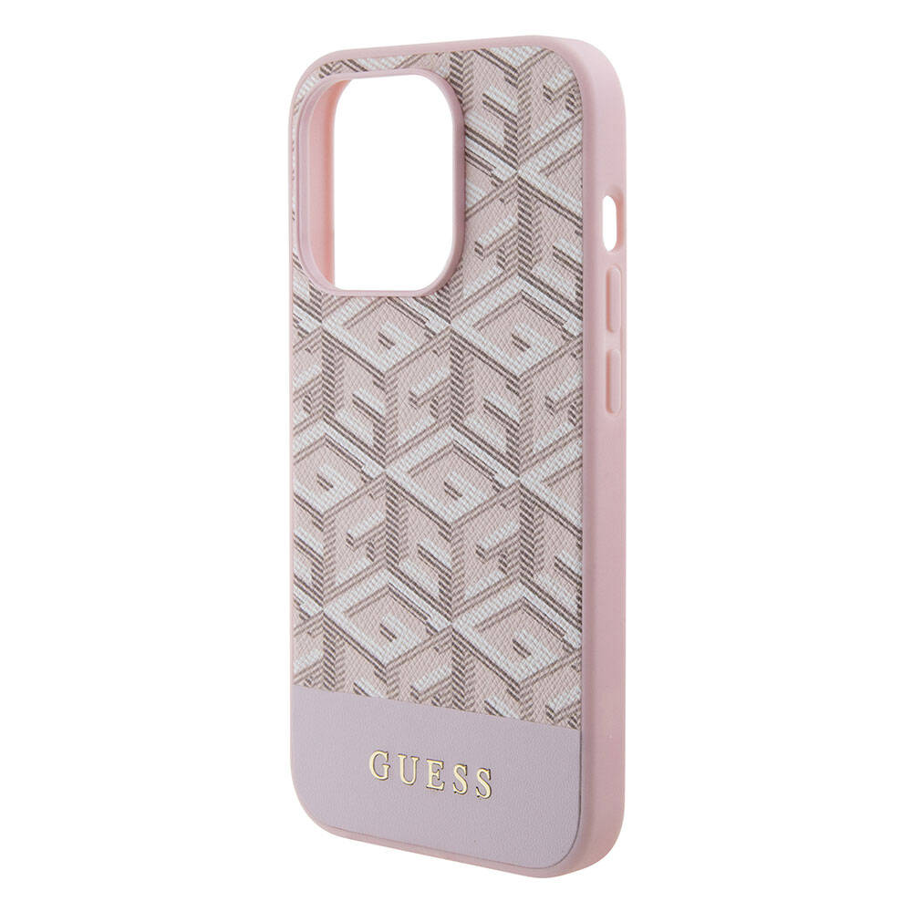 Apple iPhone 15 Pro Max Kılıf Guess Orjinal Lisanslı M-safe Şarj Özellikli Yazı Logolu GCube Desenli Kapak Pembe