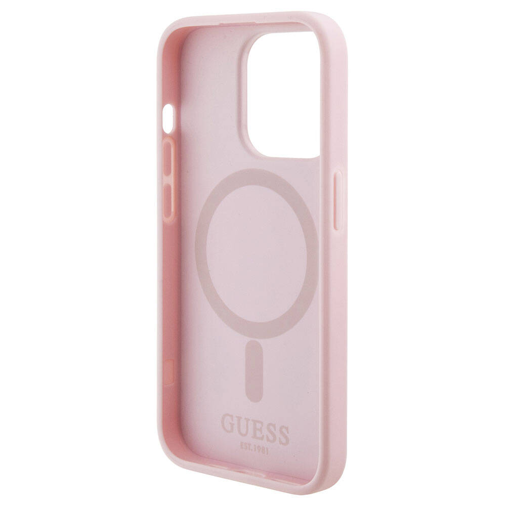 Apple iPhone 15 Pro Max Kılıf Guess Orjinal Lisanslı M-safe Şarj Özellikli Yazı Logolu GCube Desenli Kapak Pembe