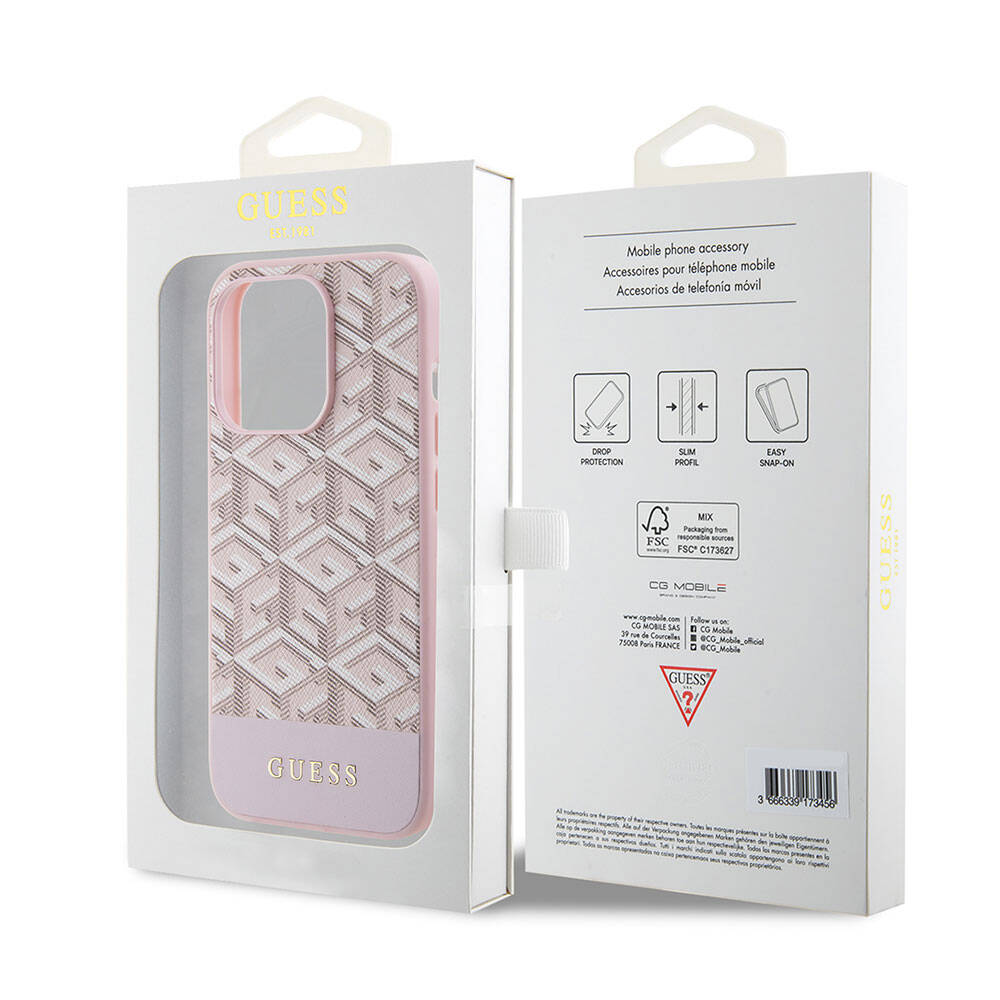Apple iPhone 15 Pro Max Kılıf Guess Orjinal Lisanslı M-safe Şarj Özellikli Yazı Logolu GCube Desenli Kapak Pembe