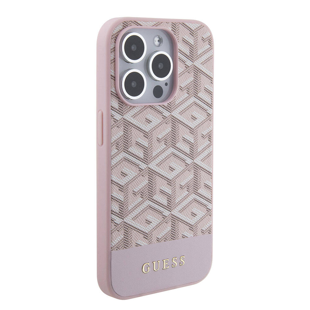 Apple iPhone 15 Pro Max Kılıf Guess Orjinal Lisanslı M-safe Şarj Özellikli Yazı Logolu GCube Desenli Kapak Pembe