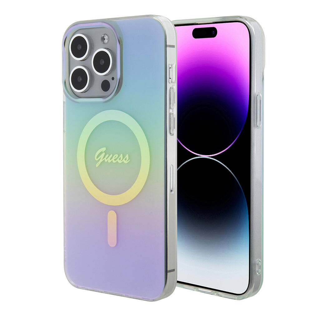 Apple iPhone 15 Pro Max Kılıf Guess Orjinal Lisanslı M-safe Şarj Özellikli Yazı Logolu Iridescent Kapak Pembe