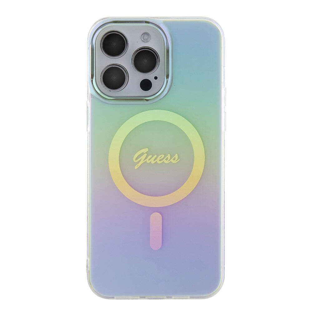 Apple iPhone 15 Pro Max Kılıf Guess Orjinal Lisanslı M-safe Şarj Özellikli Yazı Logolu Iridescent Kapak Mor