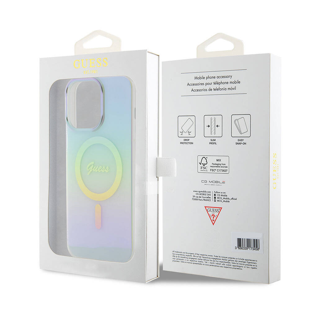 Apple iPhone 15 Pro Max Kılıf Guess Orjinal Lisanslı M-safe Şarj Özellikli Yazı Logolu Iridescent Kapak Pembe