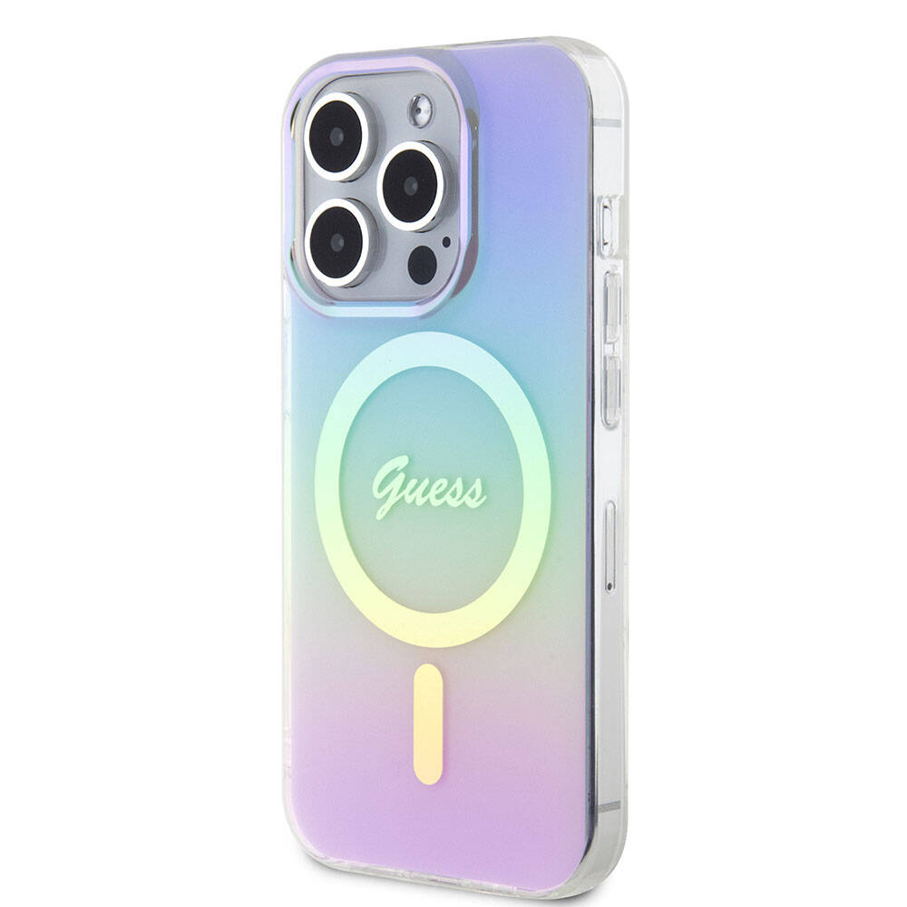 Apple iPhone 15 Pro Max Kılıf Guess Orjinal Lisanslı M-safe Şarj Özellikli Yazı Logolu Iridescent Kapak Mor