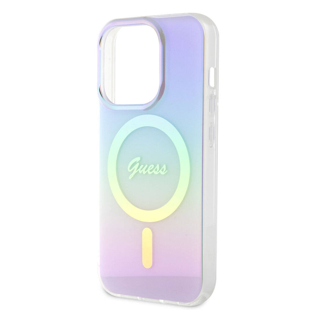 Apple iPhone 15 Pro Max Kılıf Guess Orjinal Lisanslı M-safe Şarj Özellikli Yazı Logolu Iridescent Kapak Turkuaz