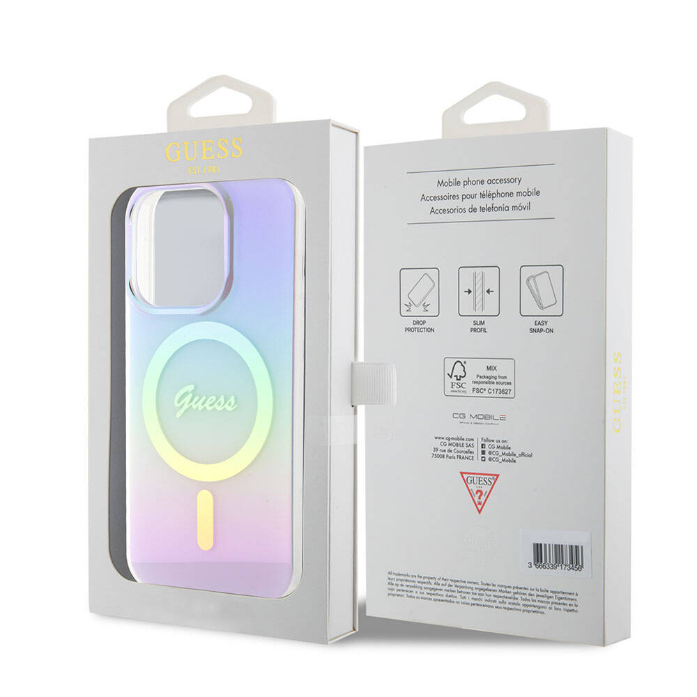 Apple iPhone 15 Pro Max Kılıf Guess Orjinal Lisanslı M-safe Şarj Özellikli Yazı Logolu Iridescent Kapak Siyah