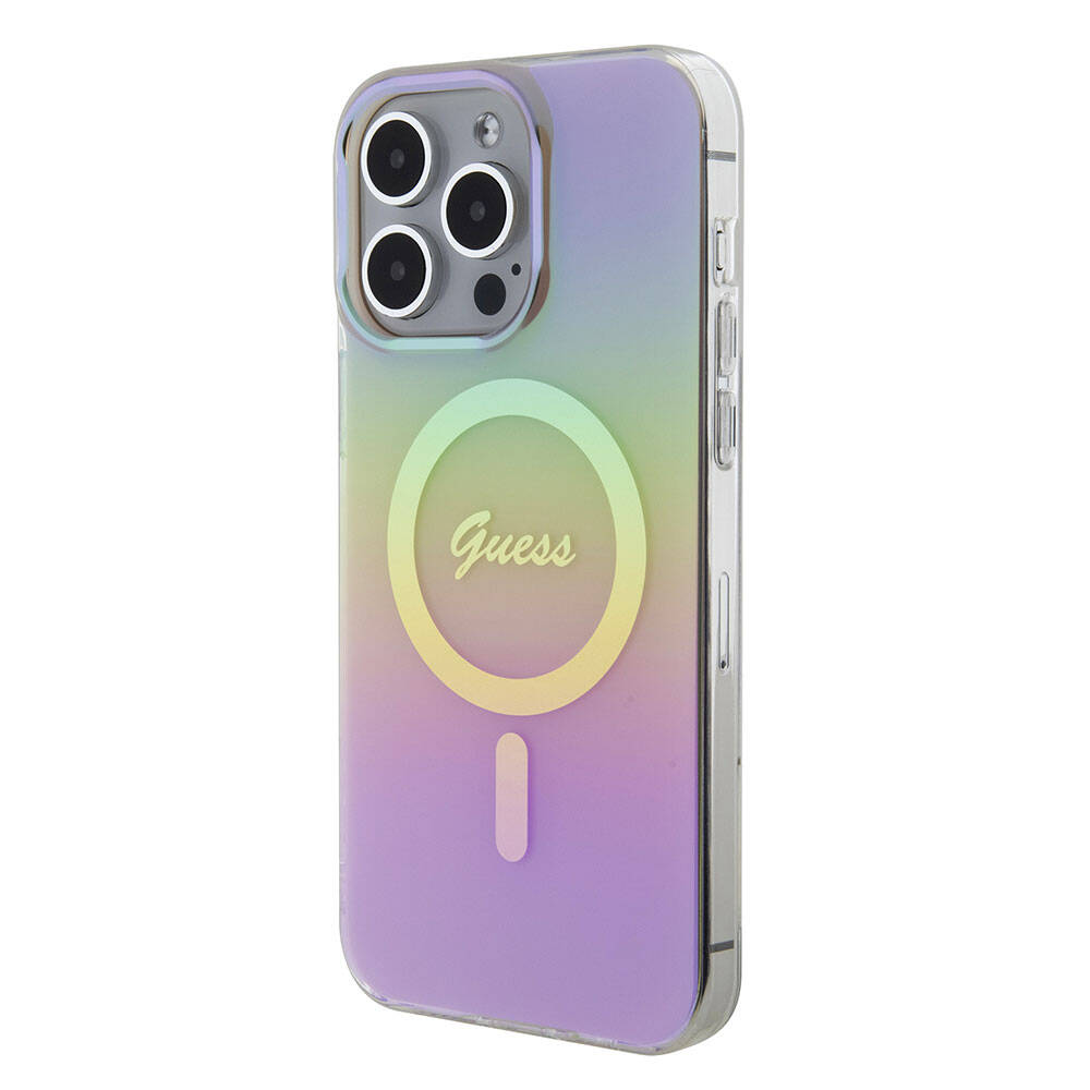 Apple iPhone 15 Pro Max Kılıf Guess Orjinal Lisanslı M-safe Şarj Özellikli Yazı Logolu Iridescent Kapak Mor