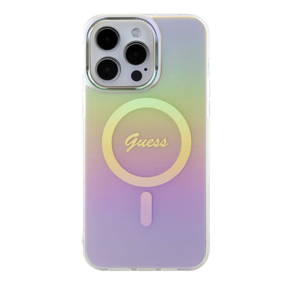 Apple iPhone 15 Pro Max Kılıf Guess Orjinal Lisanslı M-safe Şarj Özellikli Yazı Logolu Iridescent Kapak Siyah