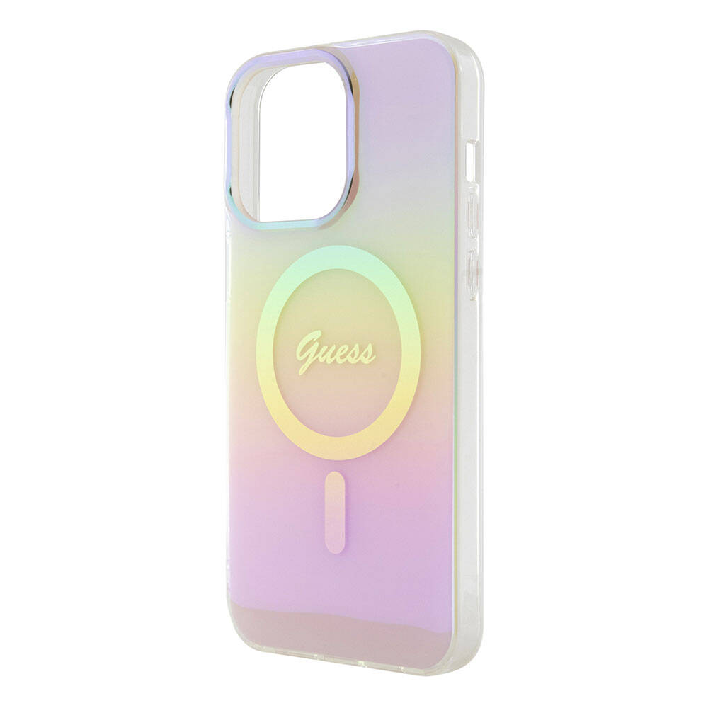 Apple iPhone 15 Pro Max Kılıf Guess Orjinal Lisanslı M-safe Şarj Özellikli Yazı Logolu Iridescent Kapak Pembe