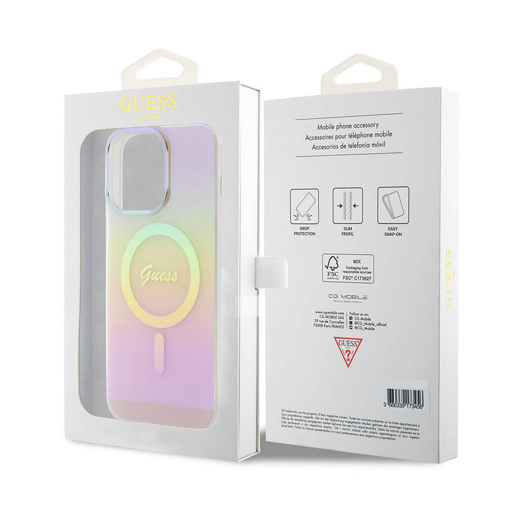 Apple iPhone 15 Pro Max Kılıf Guess Orjinal Lisanslı M-safe Şarj Özellikli Yazı Logolu Iridescent Kapak Pembe