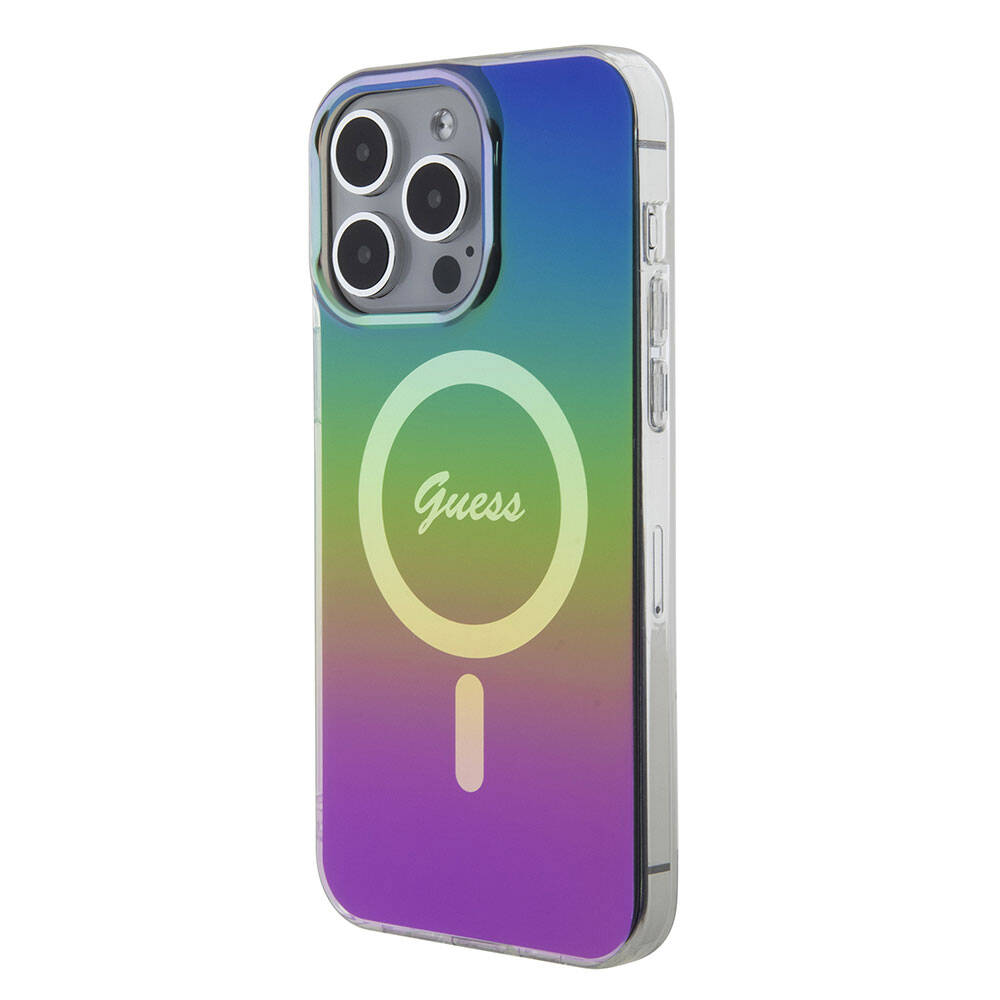 Apple iPhone 15 Pro Max Kılıf Guess Orjinal Lisanslı M-safe Şarj Özellikli Yazı Logolu Iridescent Kapak Pembe
