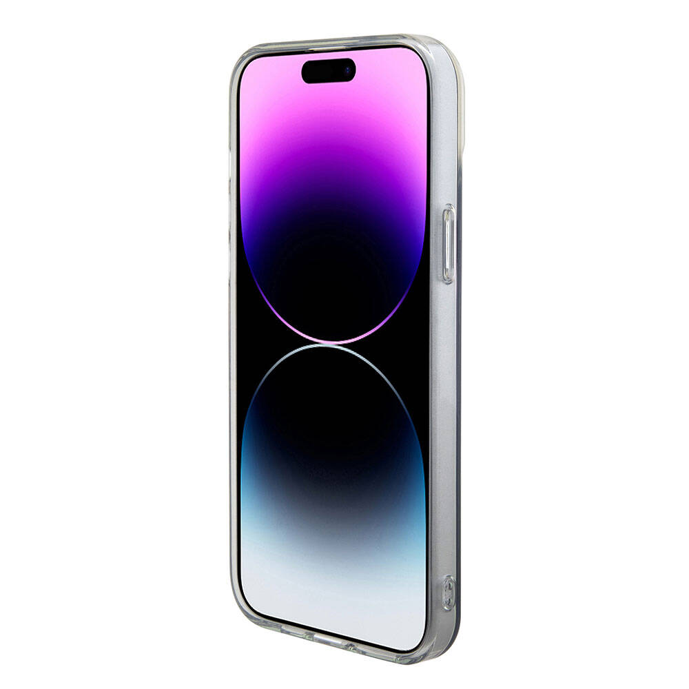 Apple iPhone 15 Pro Max Kılıf Guess Orjinal Lisanslı M-safe Şarj Özellikli Yazı Logolu Iridescent Kapak Pembe