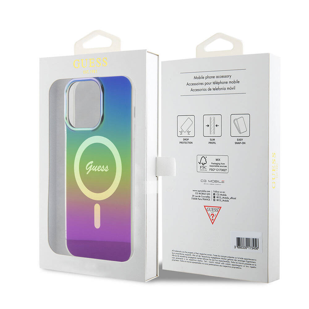 Apple iPhone 15 Pro Max Kılıf Guess Orjinal Lisanslı M-safe Şarj Özellikli Yazı Logolu Iridescent Kapak Turkuaz