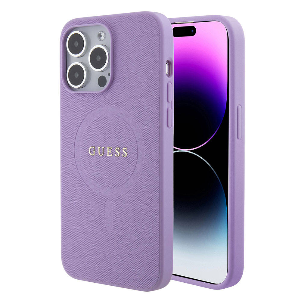 Apple iPhone 15 Pro Max Kılıf Guess Orjinal Lisanslı M-safe Şarj Özellikli Yazı Logolu Saffiano Kapak Krem
