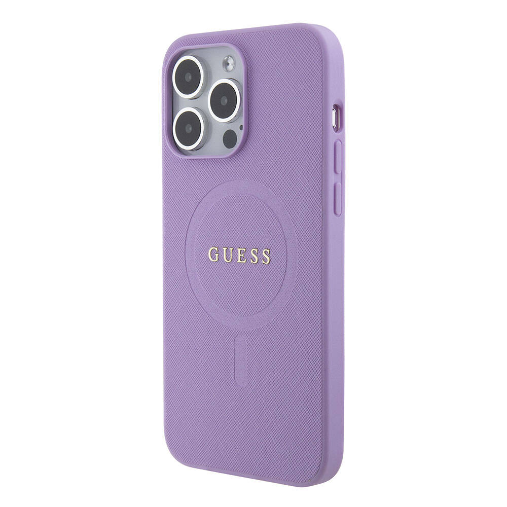 Apple iPhone 15 Pro Max Kılıf Guess Orjinal Lisanslı M-safe Şarj Özellikli Yazı Logolu Saffiano Kapak Krem