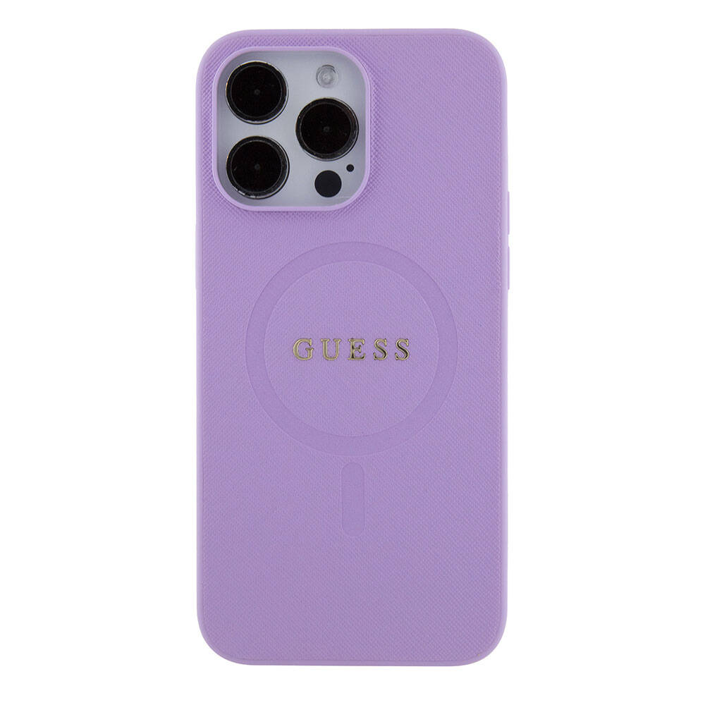 Apple iPhone 15 Pro Max Kılıf Guess Orjinal Lisanslı M-safe Şarj Özellikli Yazı Logolu Saffiano Kapak Krem