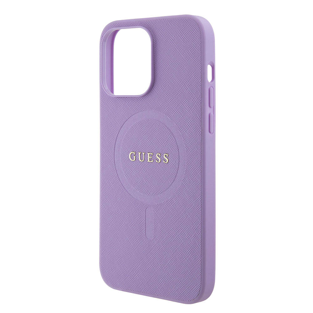 Apple iPhone 15 Pro Max Kılıf Guess Orjinal Lisanslı M-safe Şarj Özellikli Yazı Logolu Saffiano Kapak Krem