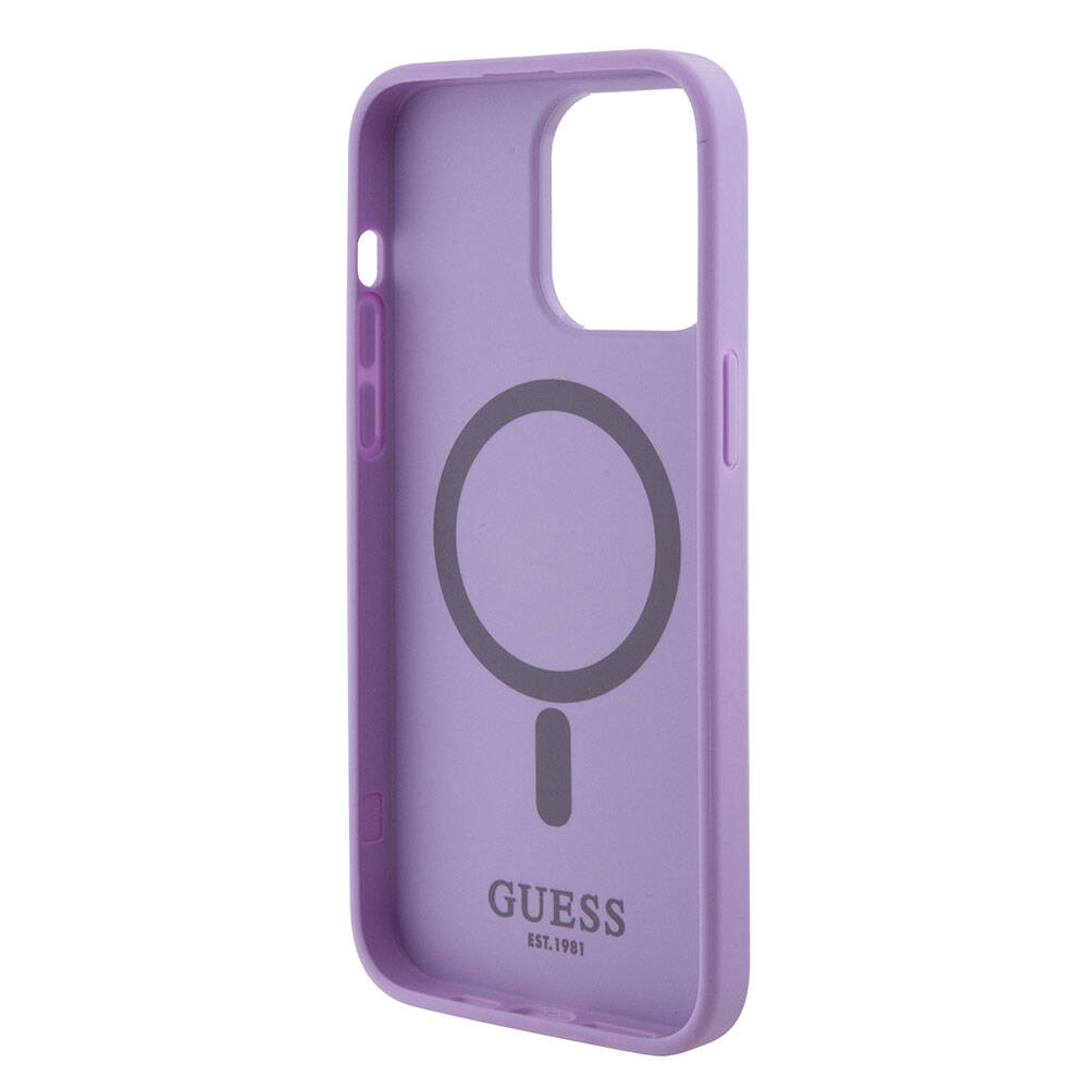 Apple iPhone 15 Pro Max Kılıf Guess Orjinal Lisanslı M-safe Şarj Özellikli Yazı Logolu Saffiano Kapak Krem