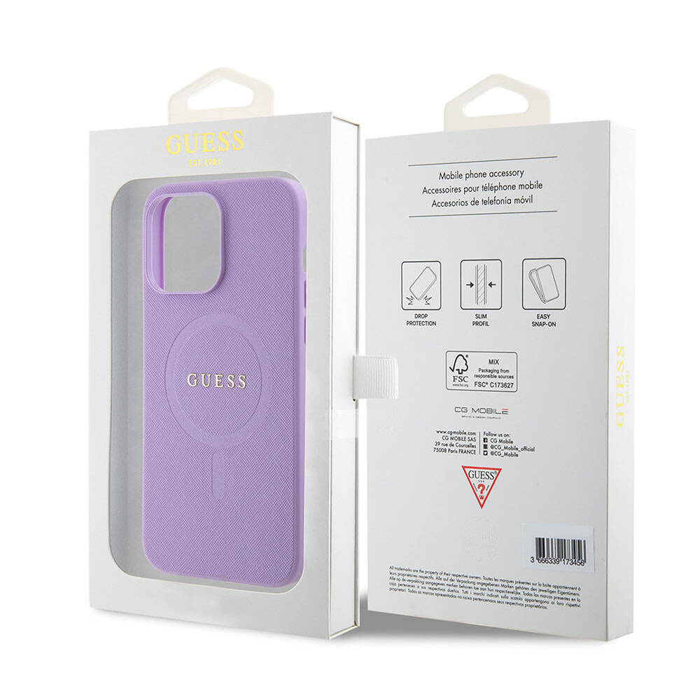 Apple iPhone 15 Pro Max Kılıf Guess Orjinal Lisanslı M-safe Şarj Özellikli Yazı Logolu Saffiano Kapak Krem