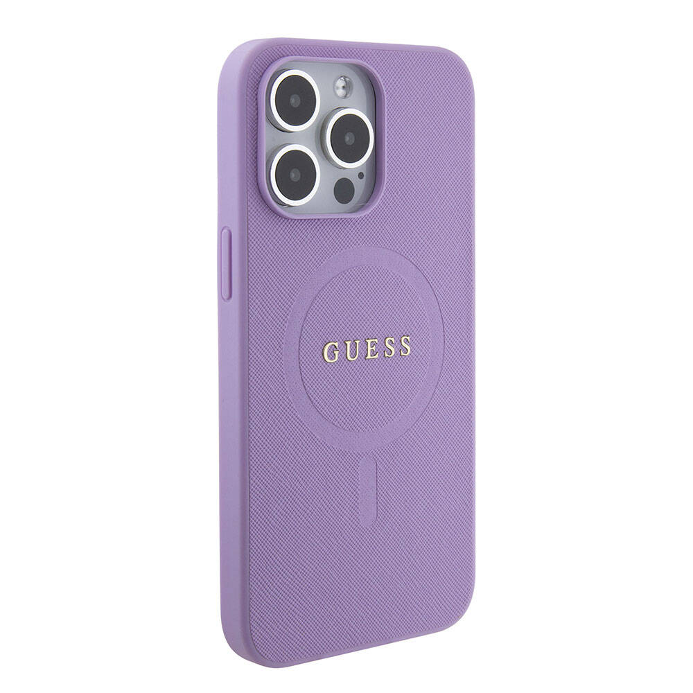 Apple iPhone 15 Pro Max Kılıf Guess Orjinal Lisanslı M-safe Şarj Özellikli Yazı Logolu Saffiano Kapak Açık Mor