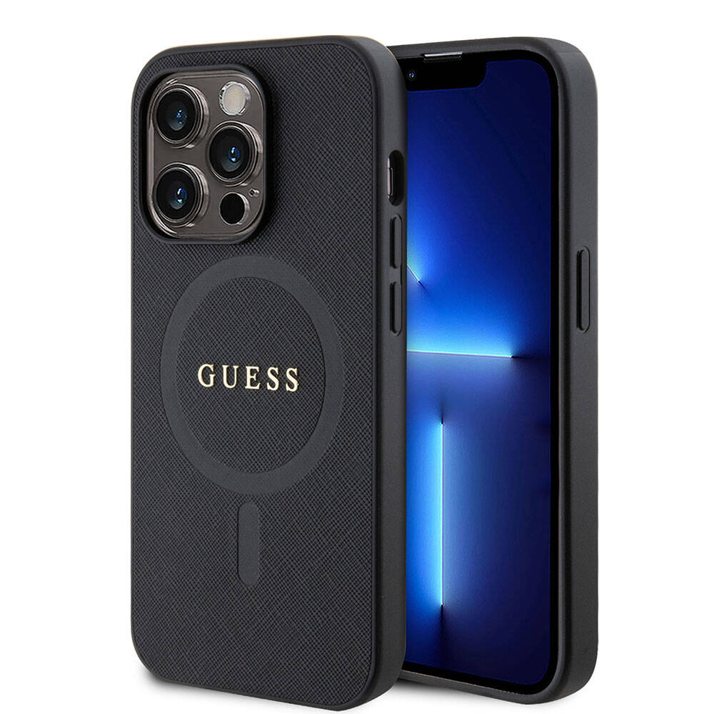Apple iPhone 15 Pro Max Kılıf Guess Orjinal Lisanslı M-safe Şarj Özellikli Yazı Logolu Saffiano Kapak Krem