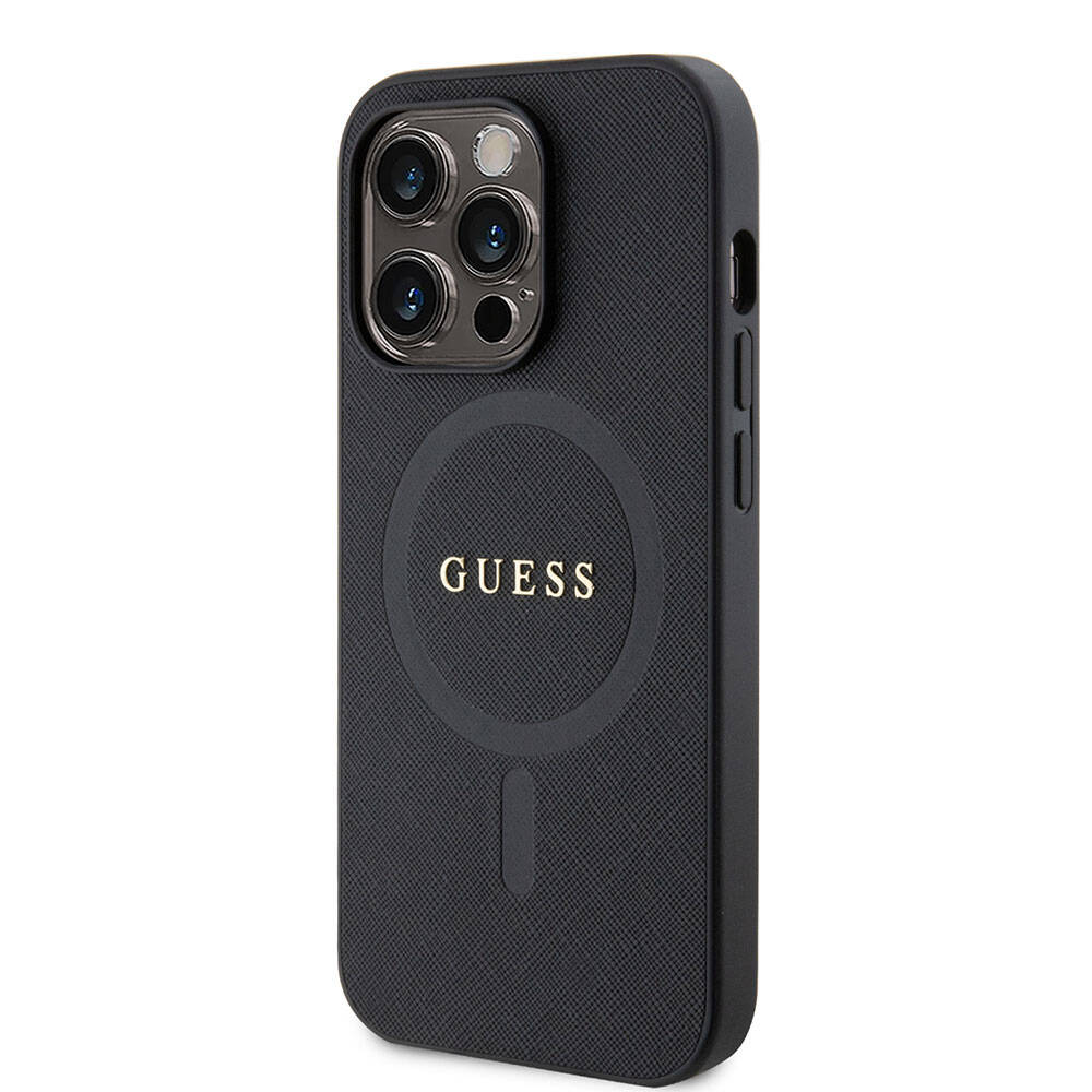 Apple iPhone 15 Pro Max Kılıf Guess Orjinal Lisanslı M-safe Şarj Özellikli Yazı Logolu Saffiano Kapak Açık Mor