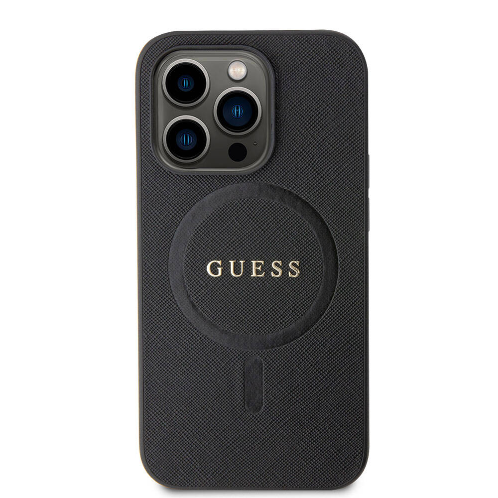 Apple iPhone 15 Pro Max Kılıf Guess Orjinal Lisanslı M-safe Şarj Özellikli Yazı Logolu Saffiano Kapak Krem