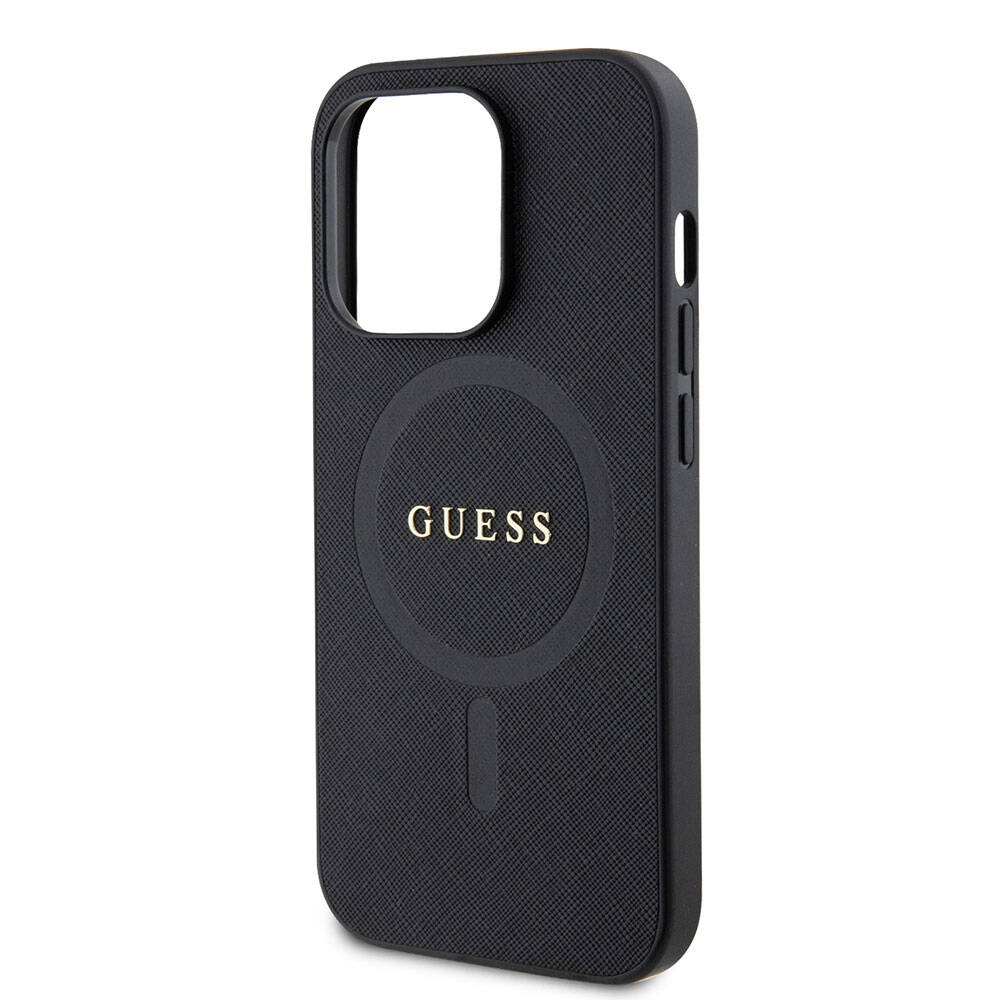 Apple iPhone 15 Pro Max Kılıf Guess Orjinal Lisanslı M-safe Şarj Özellikli Yazı Logolu Saffiano Kapak Açık Mor