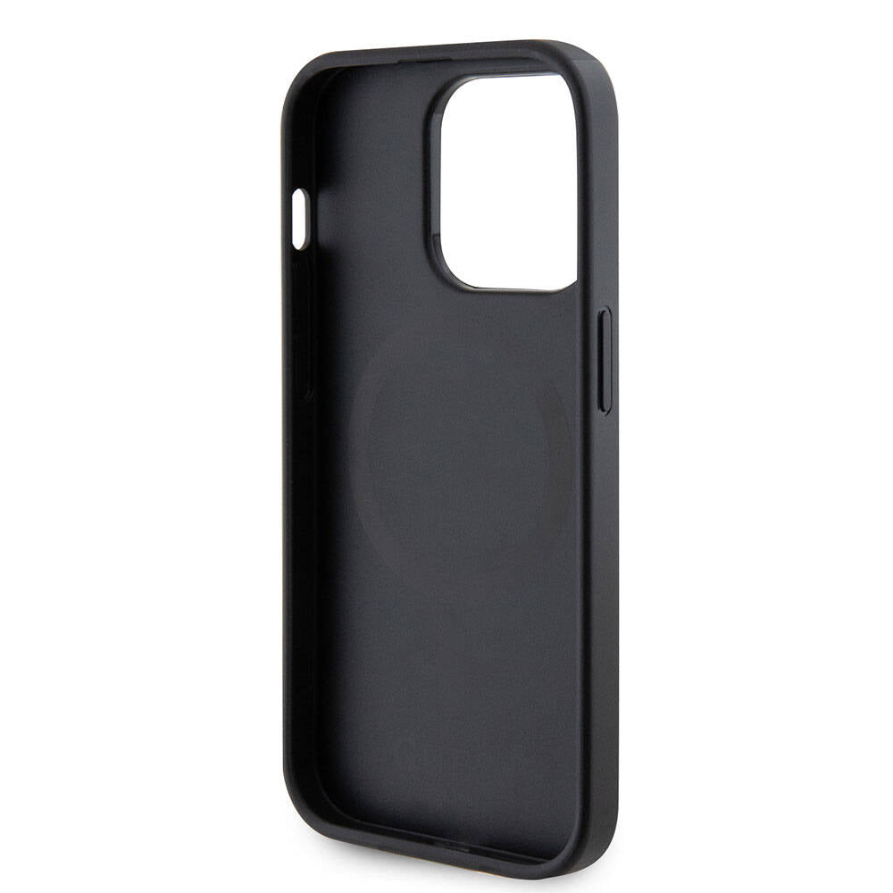 Apple iPhone 15 Pro Max Kılıf Guess Orjinal Lisanslı M-safe Şarj Özellikli Yazı Logolu Saffiano Kapak Açık Mor