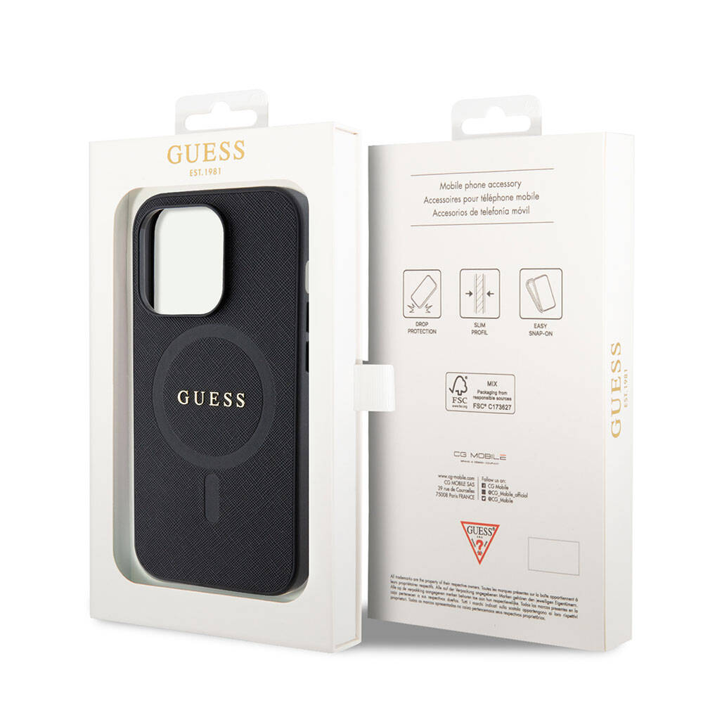 Apple iPhone 15 Pro Max Kılıf Guess Orjinal Lisanslı M-safe Şarj Özellikli Yazı Logolu Saffiano Kapak Krem