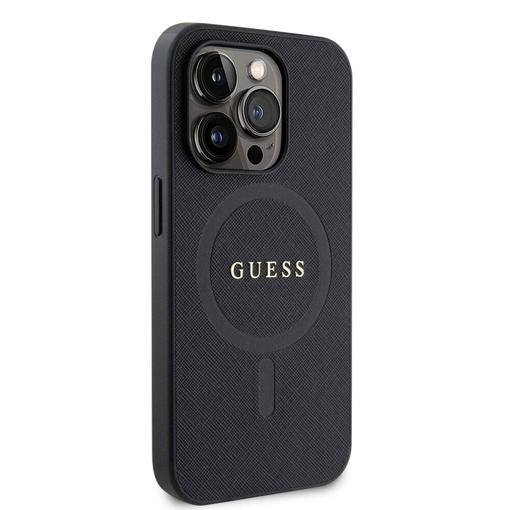Apple iPhone 15 Pro Max Kılıf Guess Orjinal Lisanslı M-safe Şarj Özellikli Yazı Logolu Saffiano Kapak Siyah