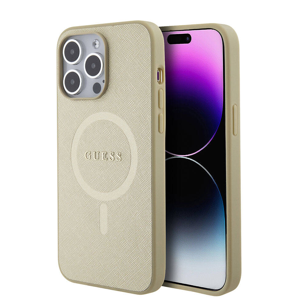 Apple iPhone 15 Pro Max Kılıf Guess Orjinal Lisanslı M-safe Şarj Özellikli Yazı Logolu Saffiano Kapak Açık Mor