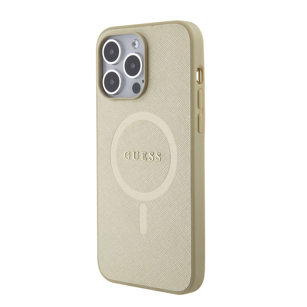Apple iPhone 15 Pro Max Kılıf Guess Orjinal Lisanslı M-safe Şarj Özellikli Yazı Logolu Saffiano Kapak Açık Mor