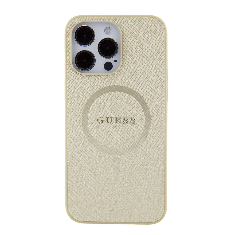 Apple iPhone 15 Pro Max Kılıf Guess Orjinal Lisanslı M-safe Şarj Özellikli Yazı Logolu Saffiano Kapak Açık Mor