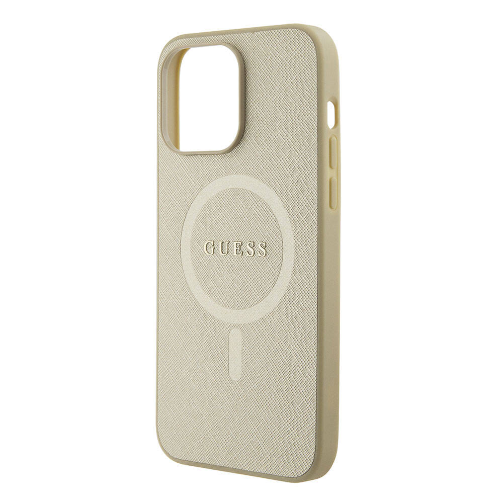 Apple iPhone 15 Pro Max Kılıf Guess Orjinal Lisanslı M-safe Şarj Özellikli Yazı Logolu Saffiano Kapak Açık Mor