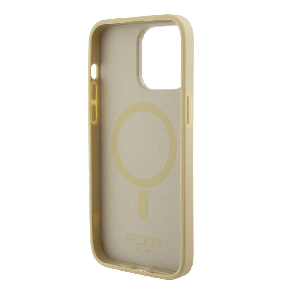 Apple iPhone 15 Pro Max Kılıf Guess Orjinal Lisanslı M-safe Şarj Özellikli Yazı Logolu Saffiano Kapak Krem