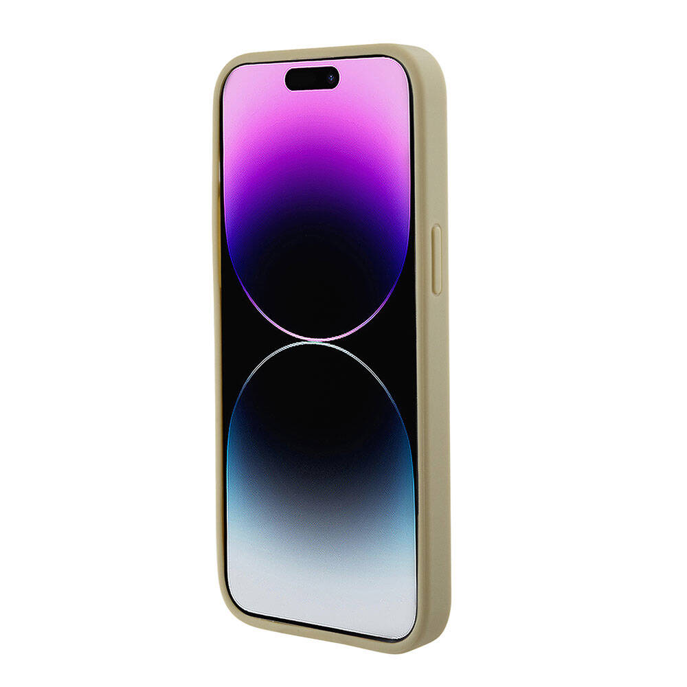 Apple iPhone 15 Pro Max Kılıf Guess Orjinal Lisanslı M-safe Şarj Özellikli Yazı Logolu Saffiano Kapak Krem