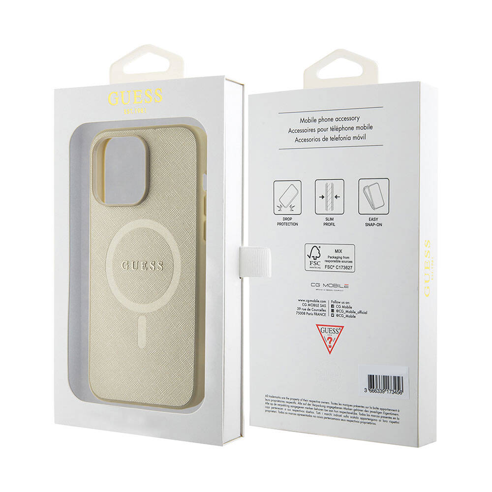Apple iPhone 15 Pro Max Kılıf Guess Orjinal Lisanslı M-safe Şarj Özellikli Yazı Logolu Saffiano Kapak Açık Mor