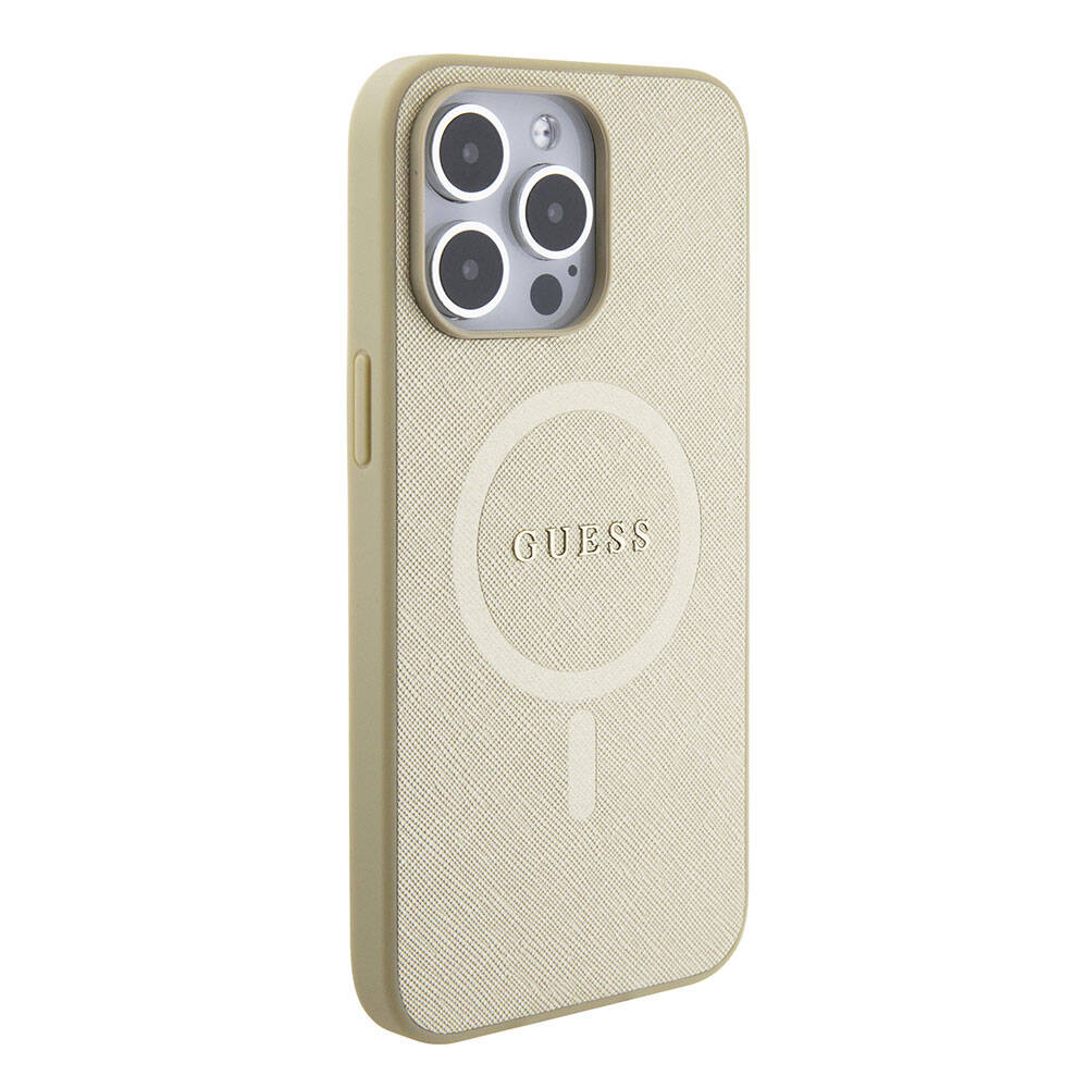 Apple iPhone 15 Pro Max Kılıf Guess Orjinal Lisanslı M-safe Şarj Özellikli Yazı Logolu Saffiano Kapak Krem