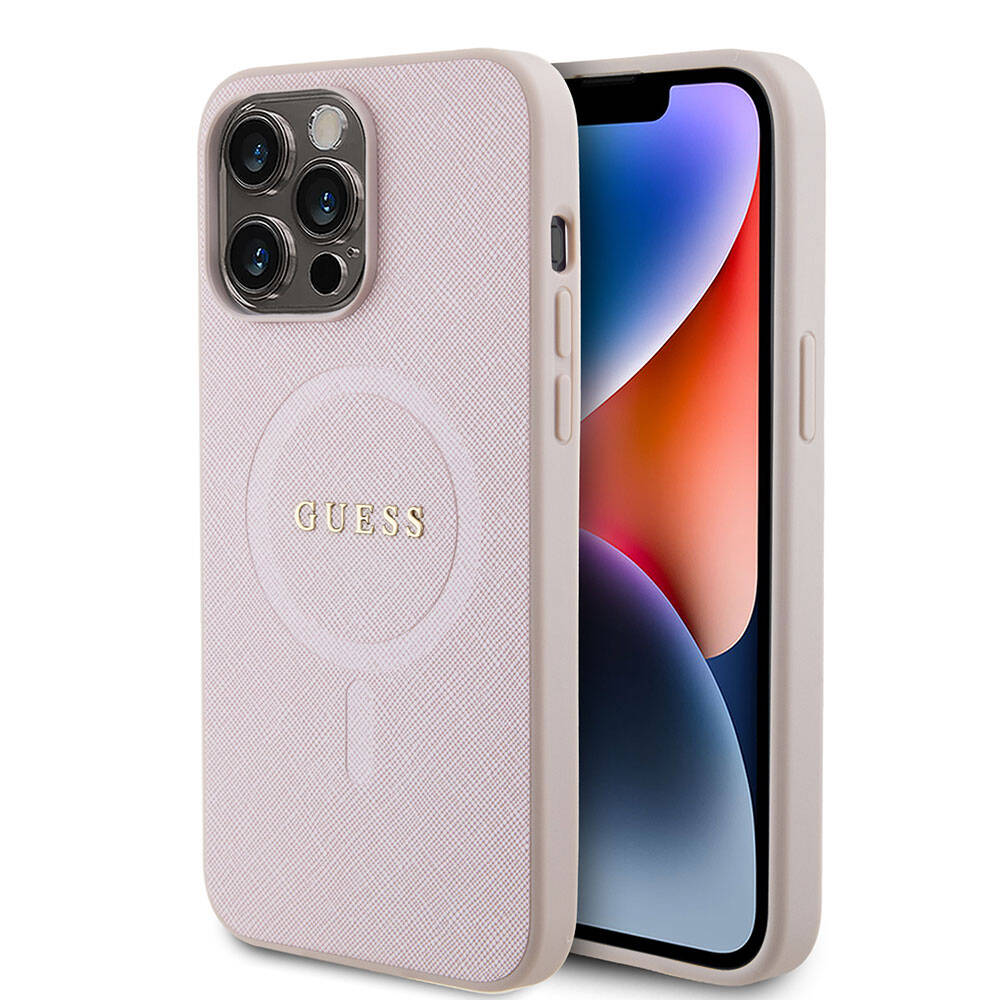 Apple iPhone 15 Pro Max Kılıf Guess Orjinal Lisanslı M-safe Şarj Özellikli Yazı Logolu Saffiano Kapak Açık Mor