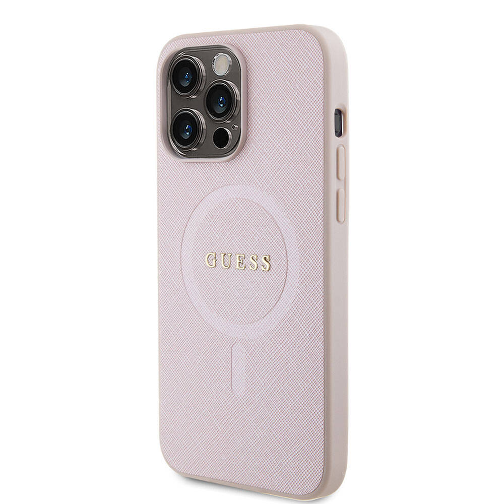 Apple iPhone 15 Pro Max Kılıf Guess Orjinal Lisanslı M-safe Şarj Özellikli Yazı Logolu Saffiano Kapak Açık Mor