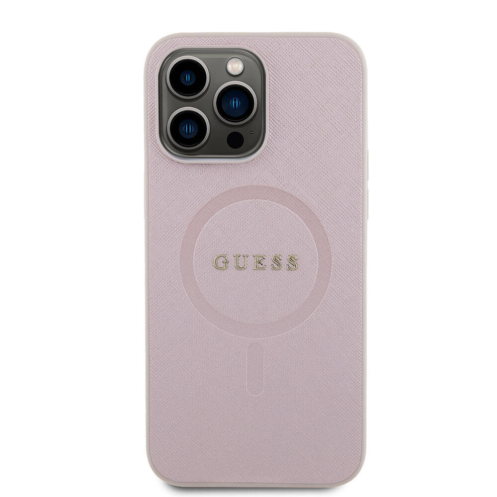 Apple iPhone 15 Pro Max Kılıf Guess Orjinal Lisanslı M-safe Şarj Özellikli Yazı Logolu Saffiano Kapak Krem
