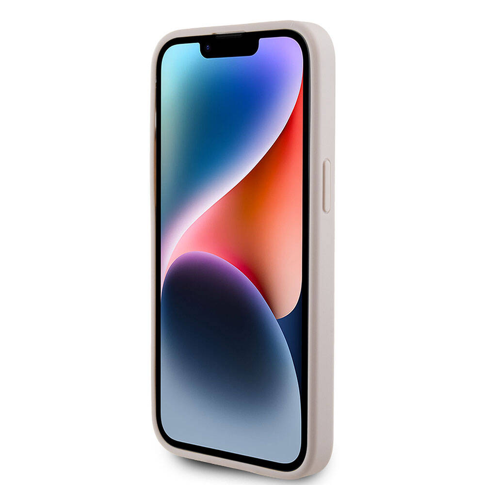 Apple iPhone 15 Pro Max Kılıf Guess Orjinal Lisanslı M-safe Şarj Özellikli Yazı Logolu Saffiano Kapak Krem