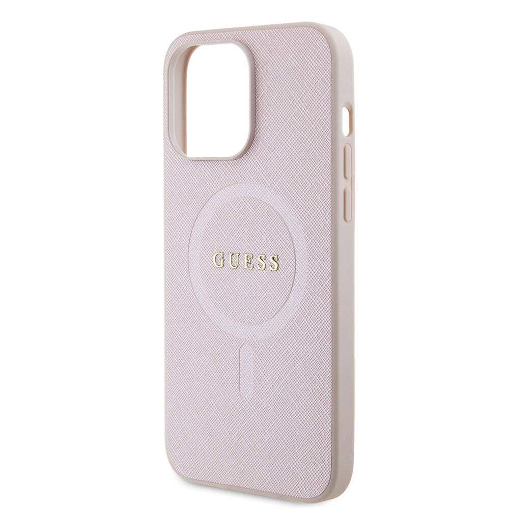 Apple iPhone 15 Pro Max Kılıf Guess Orjinal Lisanslı M-safe Şarj Özellikli Yazı Logolu Saffiano Kapak Krem