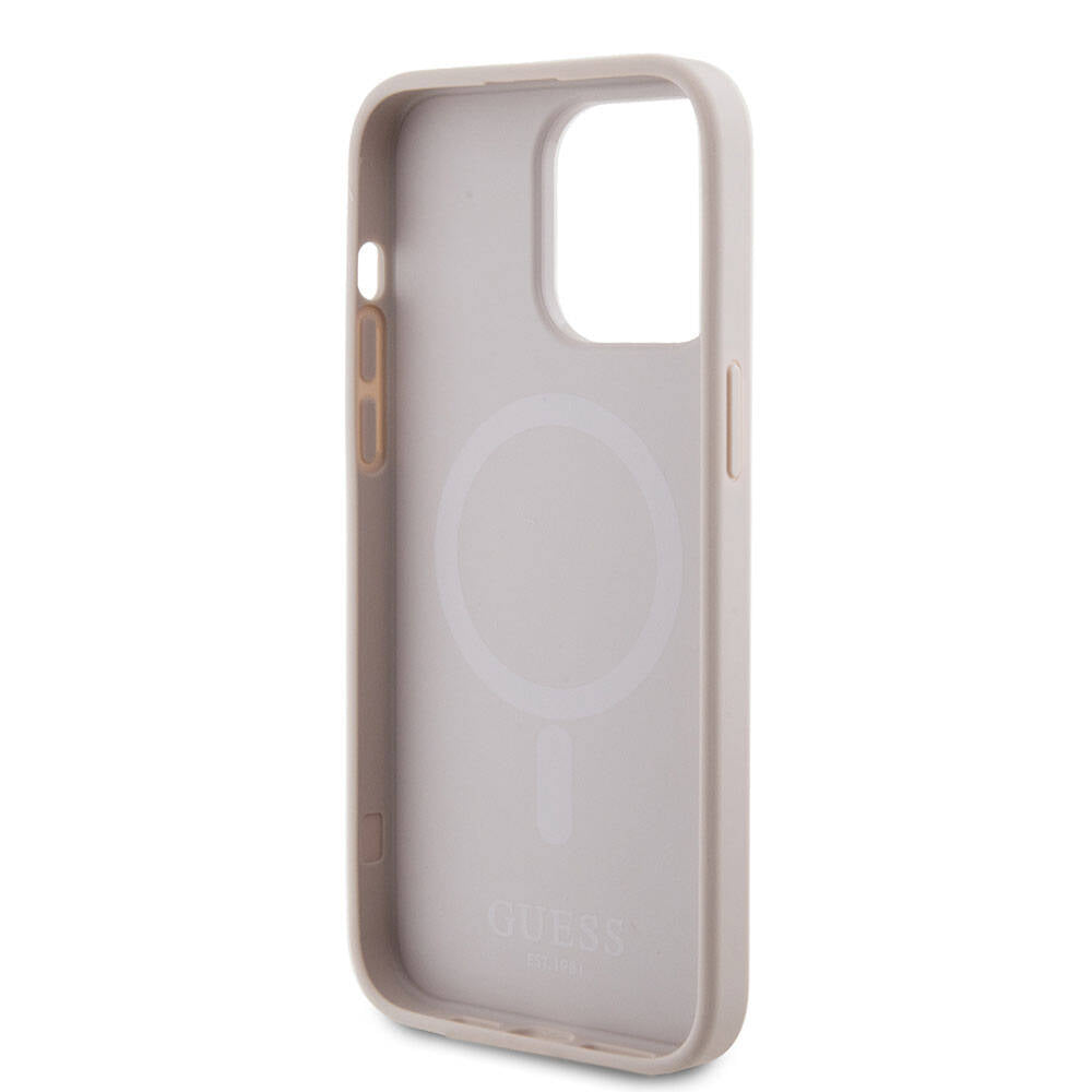 Apple iPhone 15 Pro Max Kılıf Guess Orjinal Lisanslı M-safe Şarj Özellikli Yazı Logolu Saffiano Kapak Krem