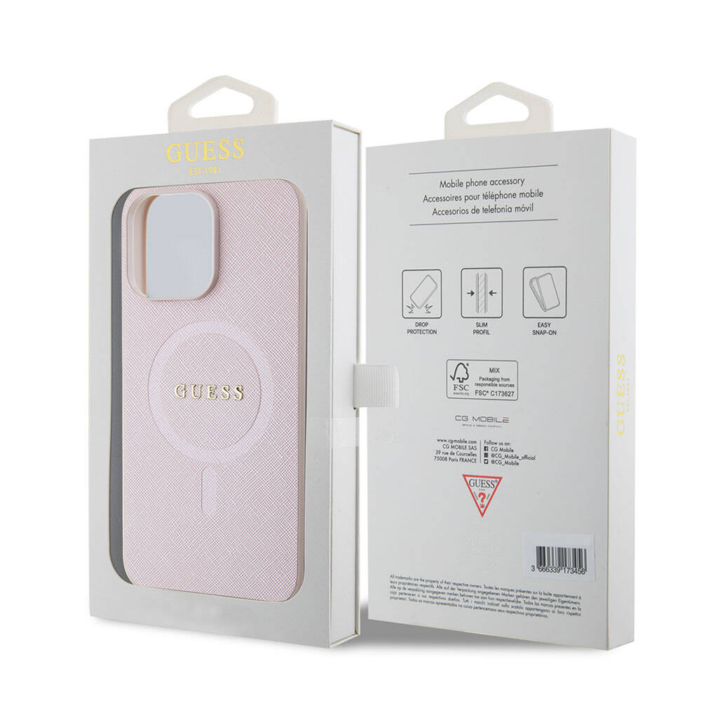 Apple iPhone 15 Pro Max Kılıf Guess Orjinal Lisanslı M-safe Şarj Özellikli Yazı Logolu Saffiano Kapak Açık Mor