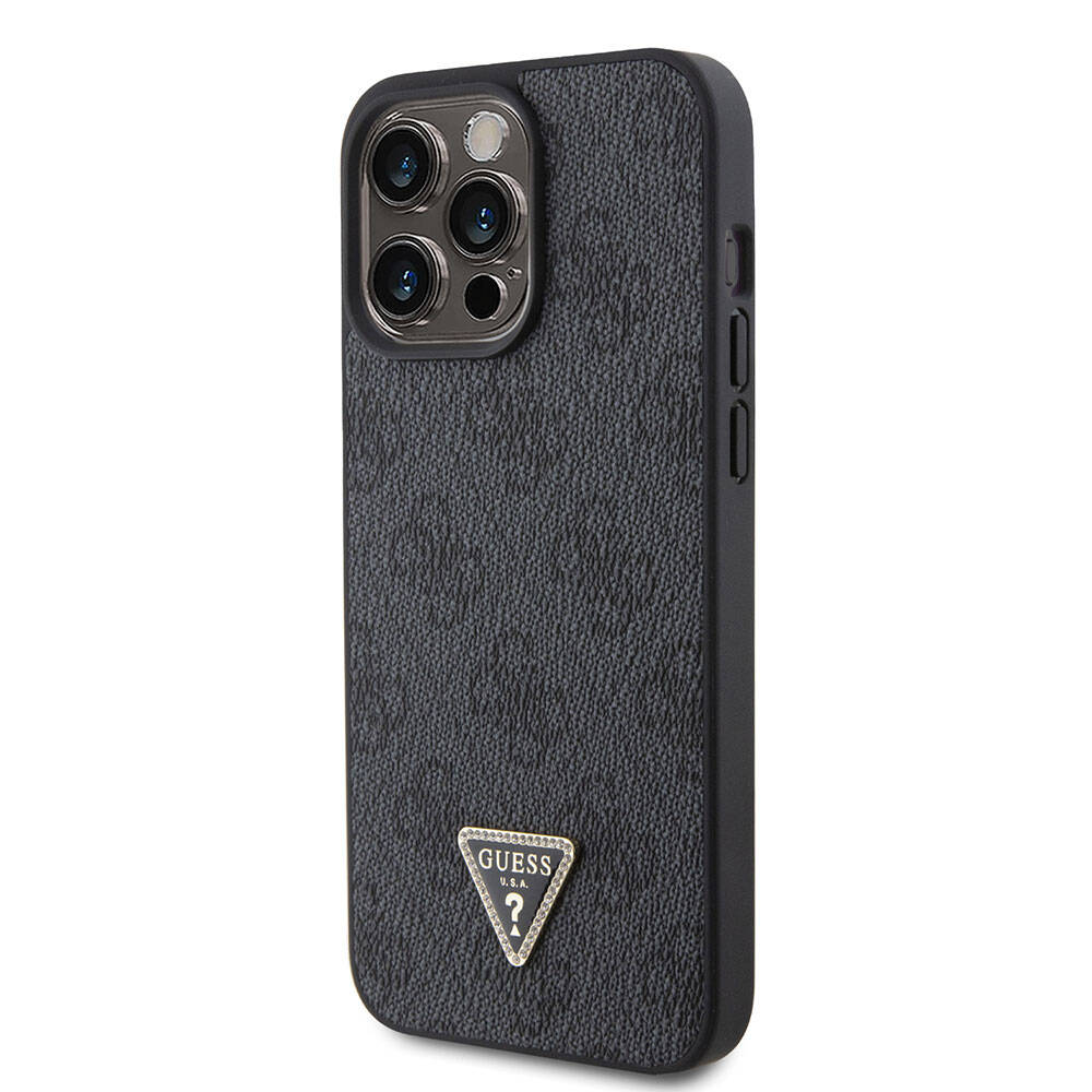 Apple iPhone 15 Pro Max Kılıf Guess Orjinal Lisanslı PU Deri Askılı Taşlı Üçgen Logo 4G Desenli Strass Crossbody Kapak Siyah
