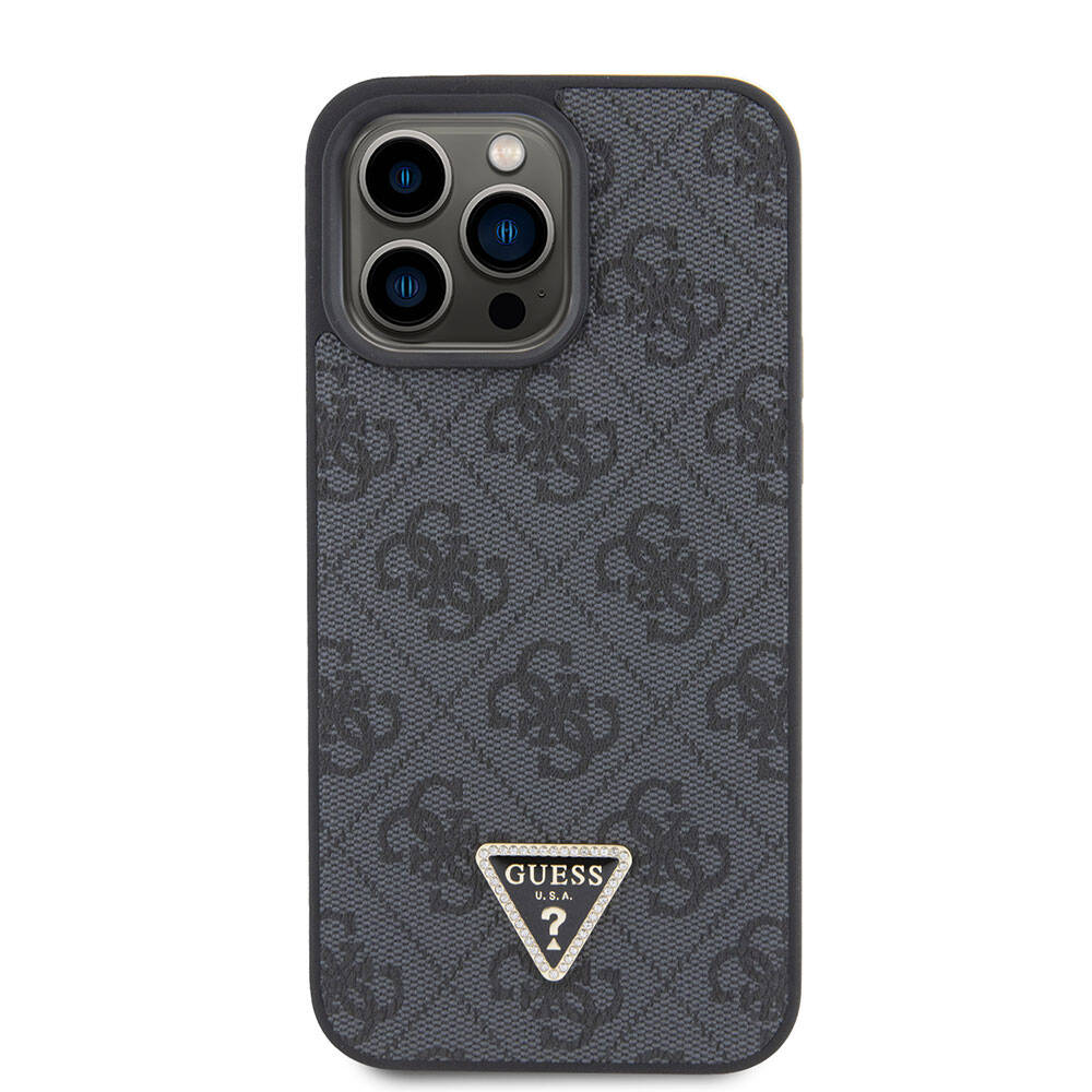Apple iPhone 15 Pro Max Kılıf Guess Orjinal Lisanslı PU Deri Askılı Taşlı Üçgen Logo 4G Desenli Strass Crossbody Kapak Kahverengi