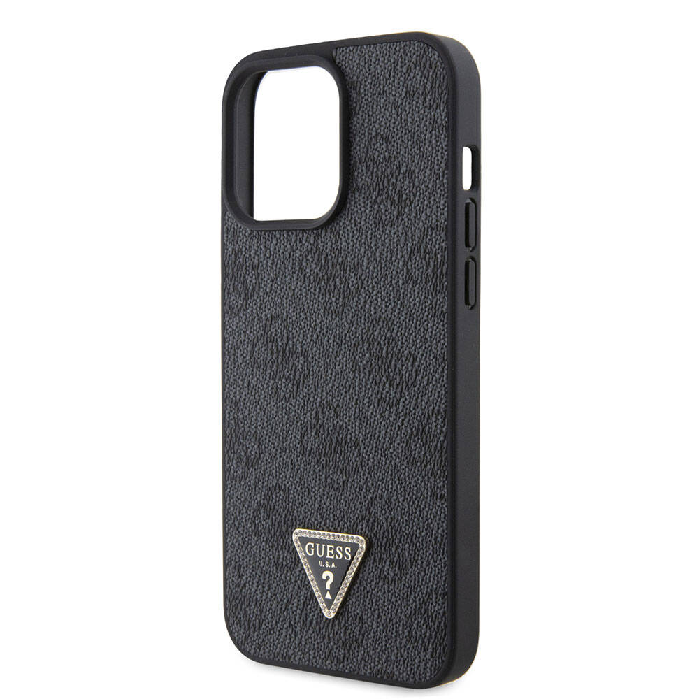 Apple iPhone 15 Pro Max Kılıf Guess Orjinal Lisanslı PU Deri Askılı Taşlı Üçgen Logo 4G Desenli Strass Crossbody Kapak Siyah