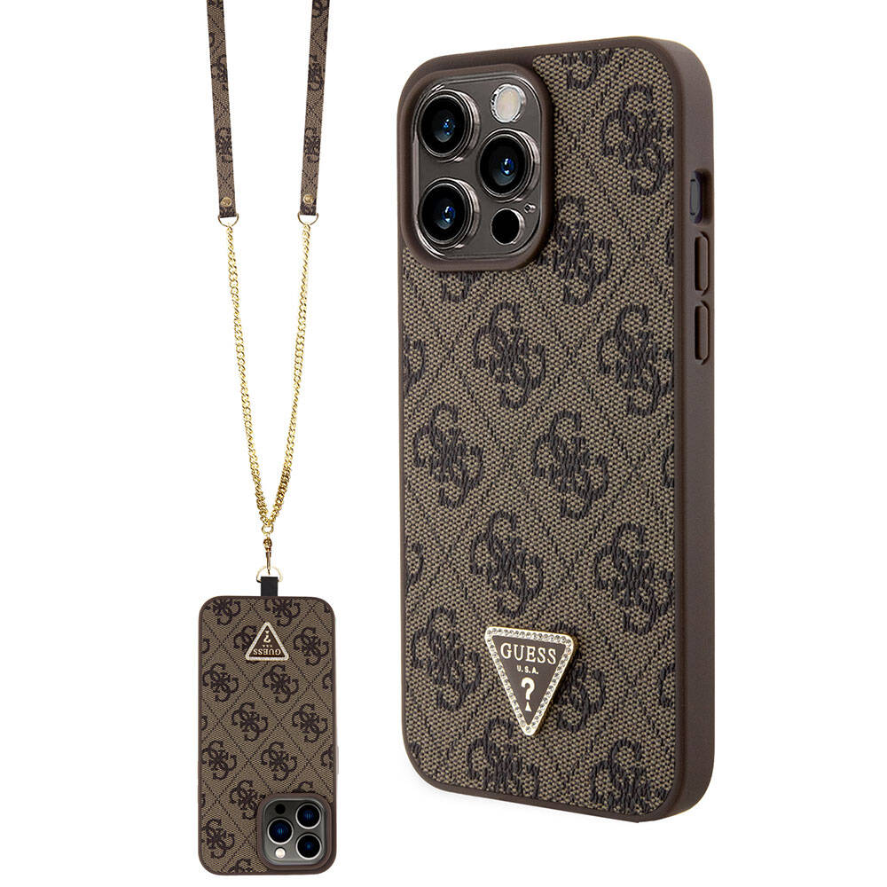 Apple iPhone 15 Pro Max Kılıf Guess Orjinal Lisanslı PU Deri Askılı Taşlı Üçgen Logo 4G Desenli Strass Crossbody Kapak Siyah